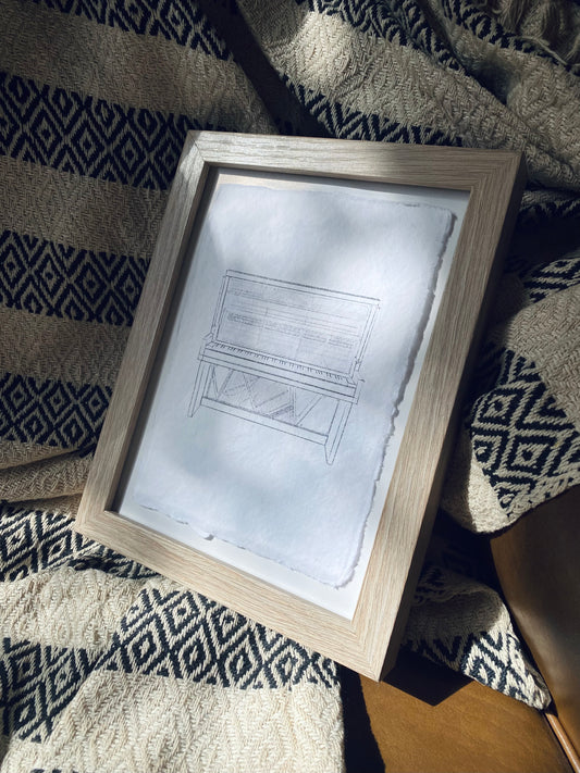Handmade Print: Digital Sketch Upright Piano Print on A5 Handmade Deckle Edge Paper (Frame not included)